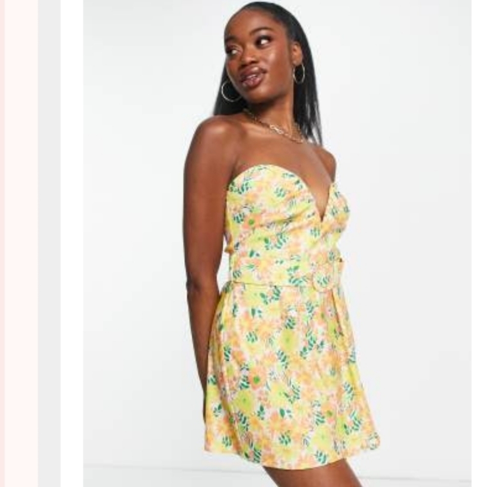 ASOS Floral Strapless Romper - Orange and Yellow
